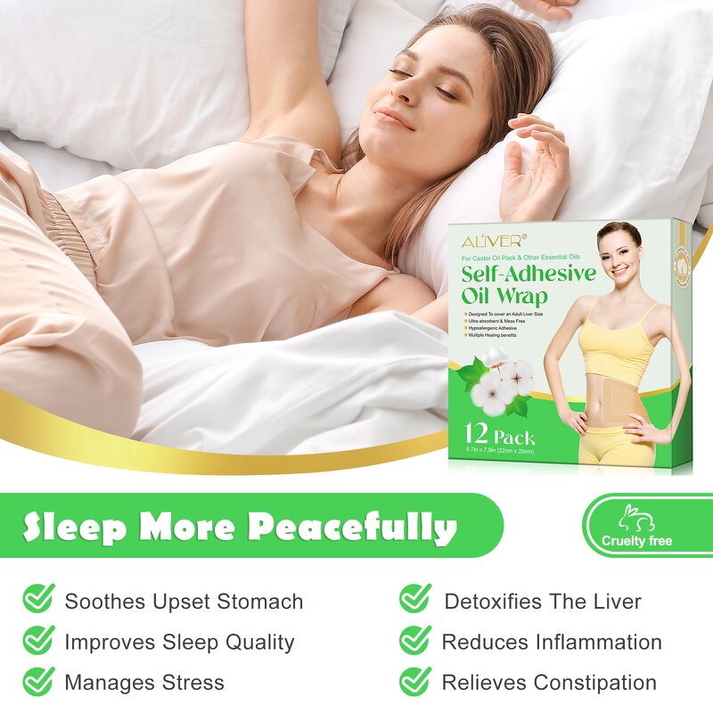 Castor Oil Wrap - 12 Pack Self-Adhesive Disposable Organic Cotton Detox Wrap
