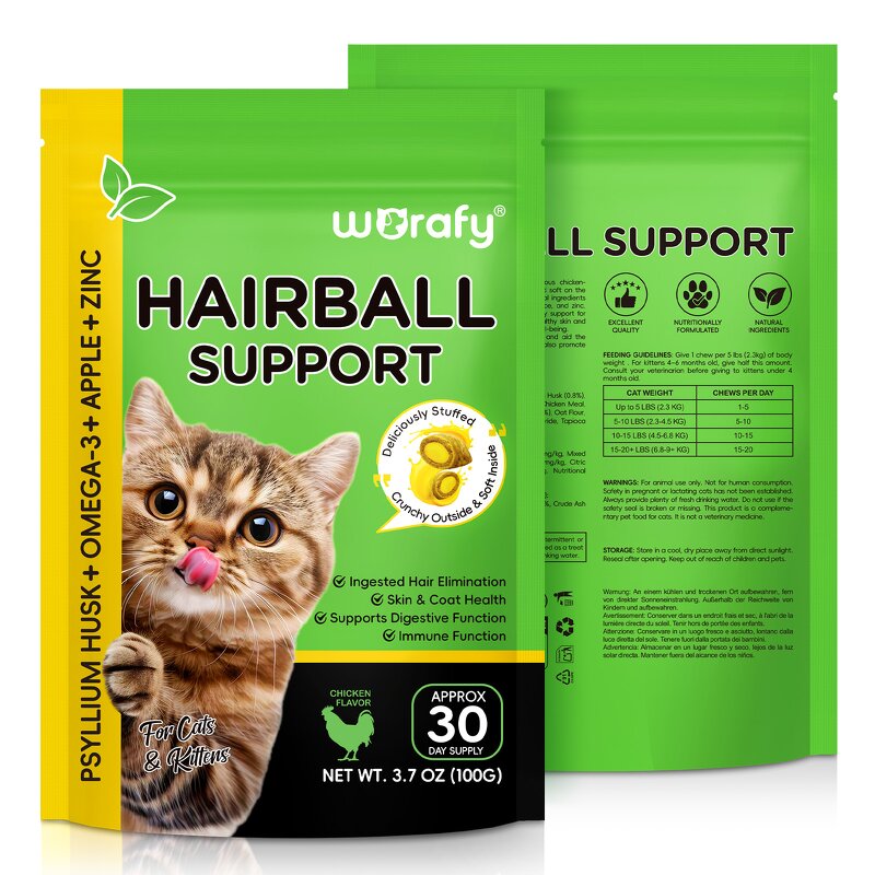 Pet Treats - Worafy Cat Hairball 100g Psyllium Husk Omega-3 Chicken Flavor