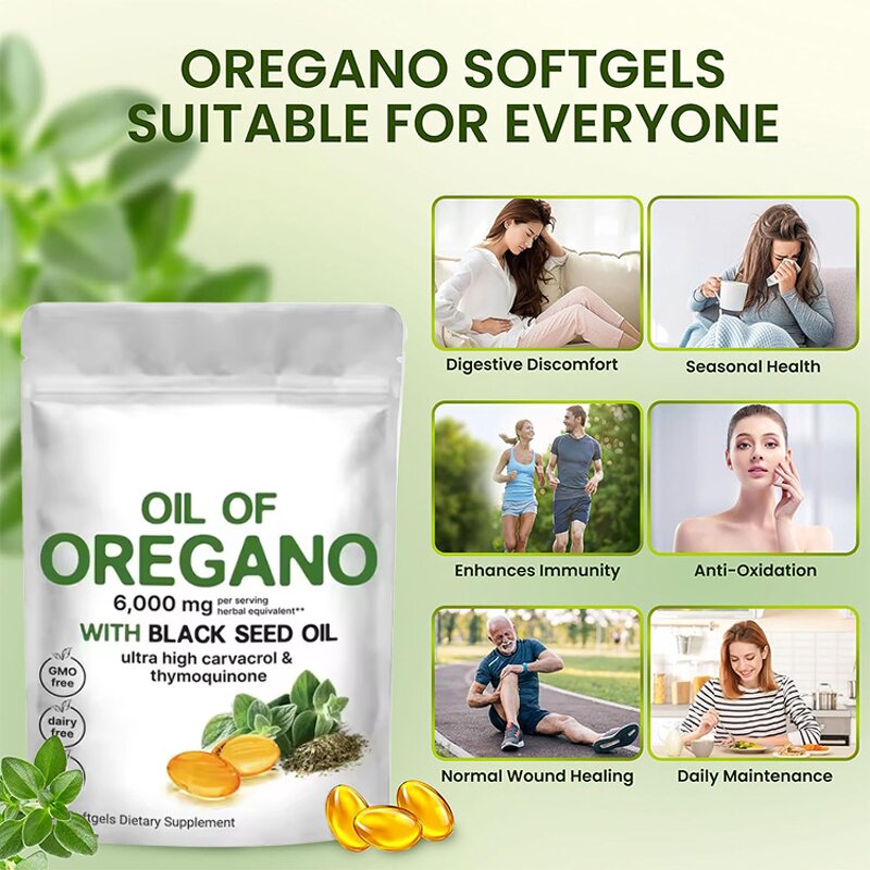 Oregano Oil Softgel Manufacturer - 2-in-1 with Black Seed Oil 6000mg & 200mg