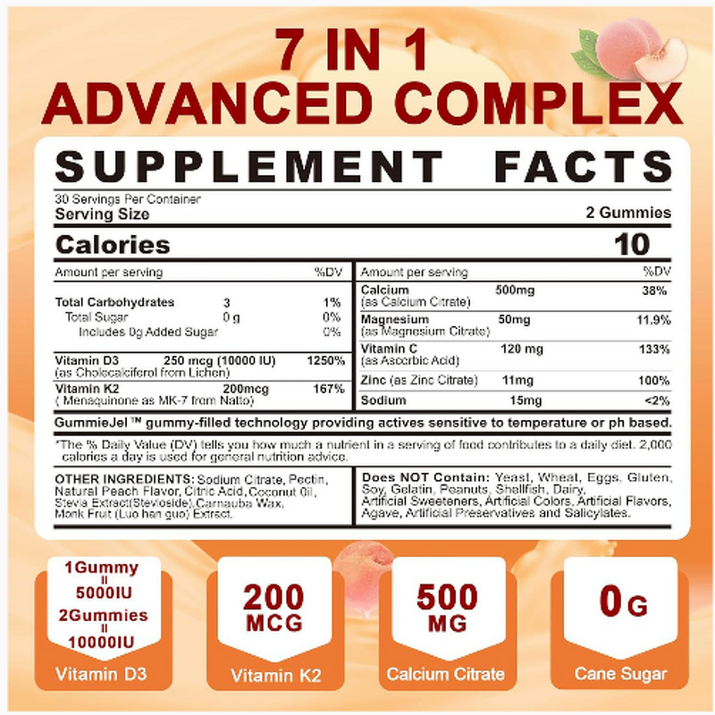 Vitamin D3 K2 Gummies - Manufacturer - Sugar-Free 500mg Calcium Magnesium