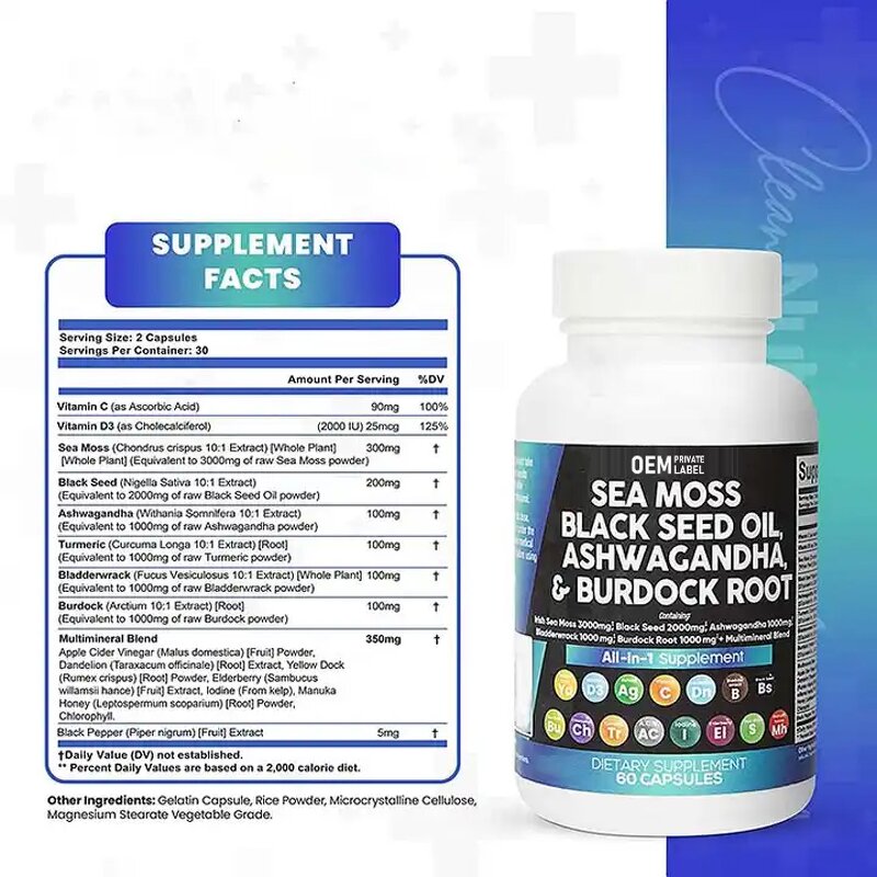 Sea Moss Capsules - Manufacturer - OEM Shilajit Black Seed Oil Ashwagandha Turmeric