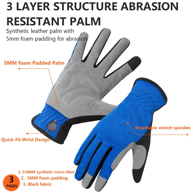 Safety Gloves - Manufacturer - Men Women Full-Finger Sponge Pad Touchscreen 3 Pairs