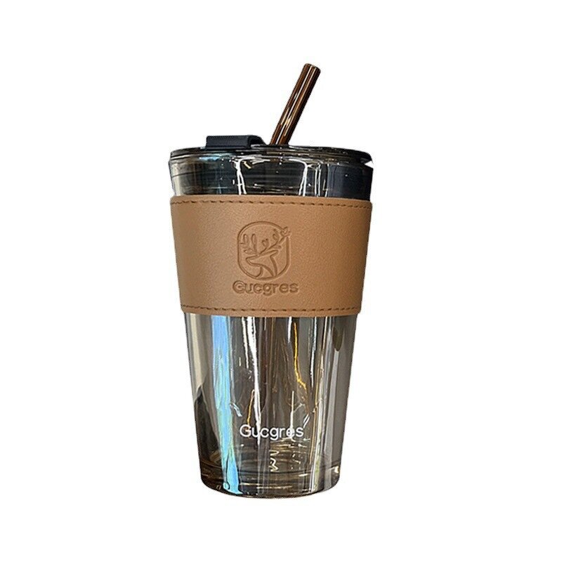 Insulated Glass Drinkware Manufacturer - Double Drink Straw Cup with Leather Cover