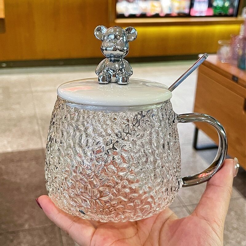 Teddy Bear Glass Cup Manufacturer - Heat-Resistant with Lid and Spoon Office Mug