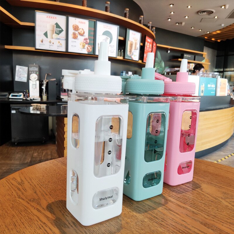 Plastic Sports Water Bottle Manufacturer - 700ML Double-Layer Square with Straw