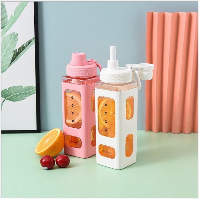 Plastic Sports Water Bottle Manufacturer - 700ML Double-Layer Square with Straw