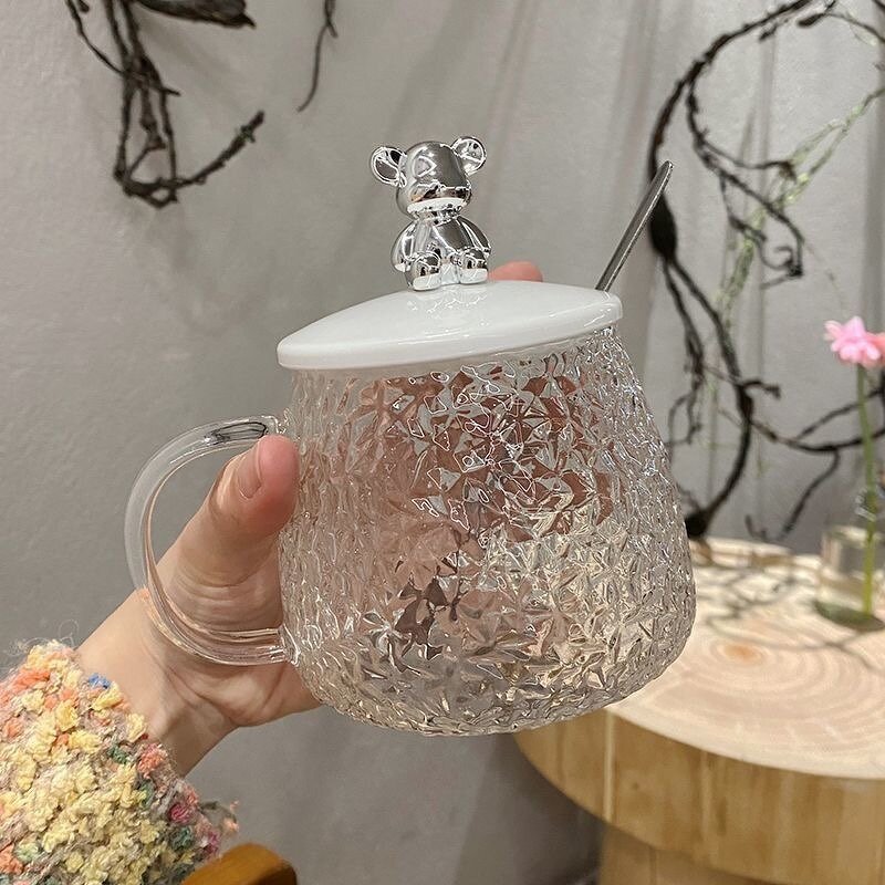 Teddy Bear Glass Cup Manufacturer - Heat-Resistant with Lid and Spoon Office Mug