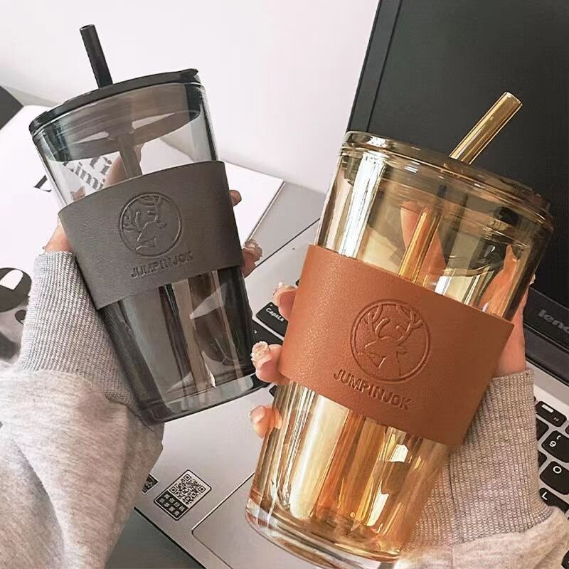 Insulated Glass Drinkware Manufacturer - Double Drink Straw Cup with Leather Cover