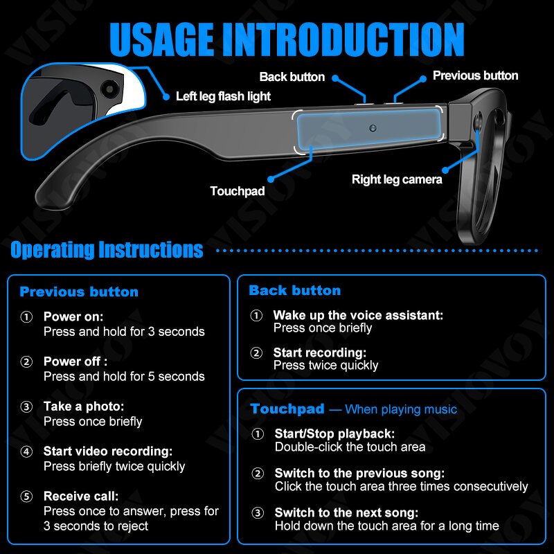 Camera Smart Glasses - Manufacturer - Wireless Audio Call Music Sunglasses Wearable