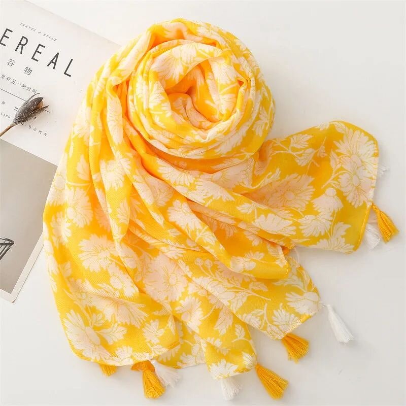 Cotton Scarf Shawl - Manufacturer - 2023 New Yellow Flower Printed Fringe Muslim Hijabs