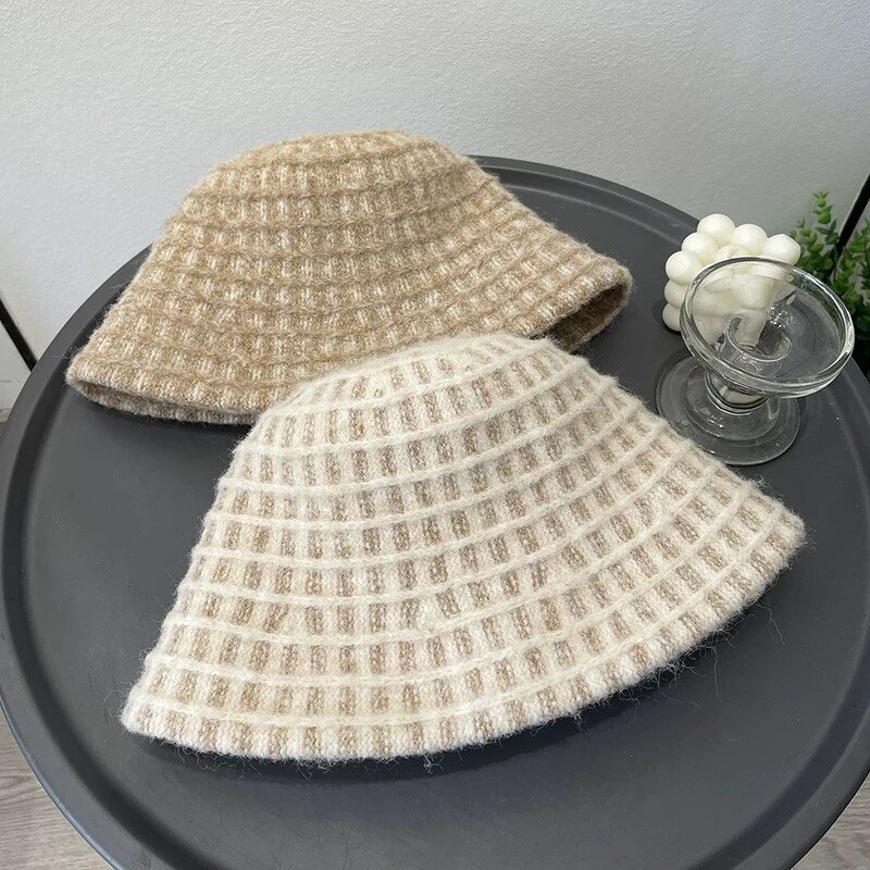Plaid Bucket Hat - Manufacturer - Winter Cashmere Warm Women Luxury Knitted Dome Fisherman