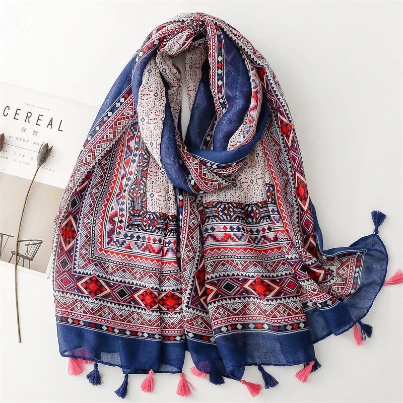 Bohemian Scarf - Manufacturer - 2023 New Flower Pattern Cotton Voile Tassels Muslim Hijabs