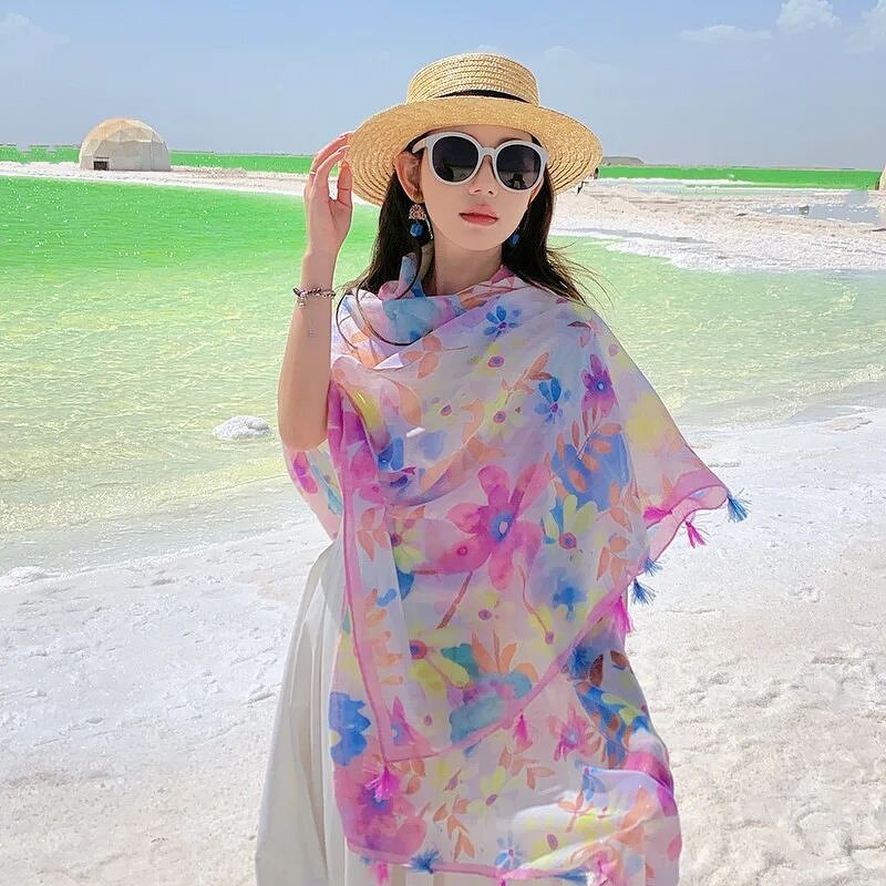 Silver Shimmer Scarf - Manufacturer - Fashion Colorful Flower Print Cotton Voile Tassel Hijab