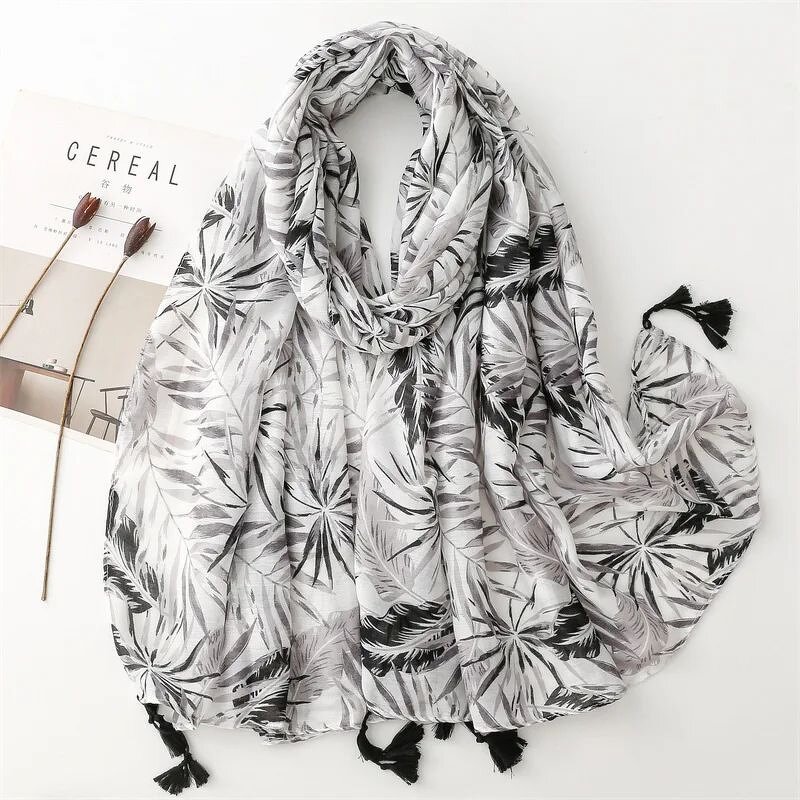Leaf Pattern Scarf - Manufacturer - High Quality Cotton Tassels Floral Printed Muslim Hijabs