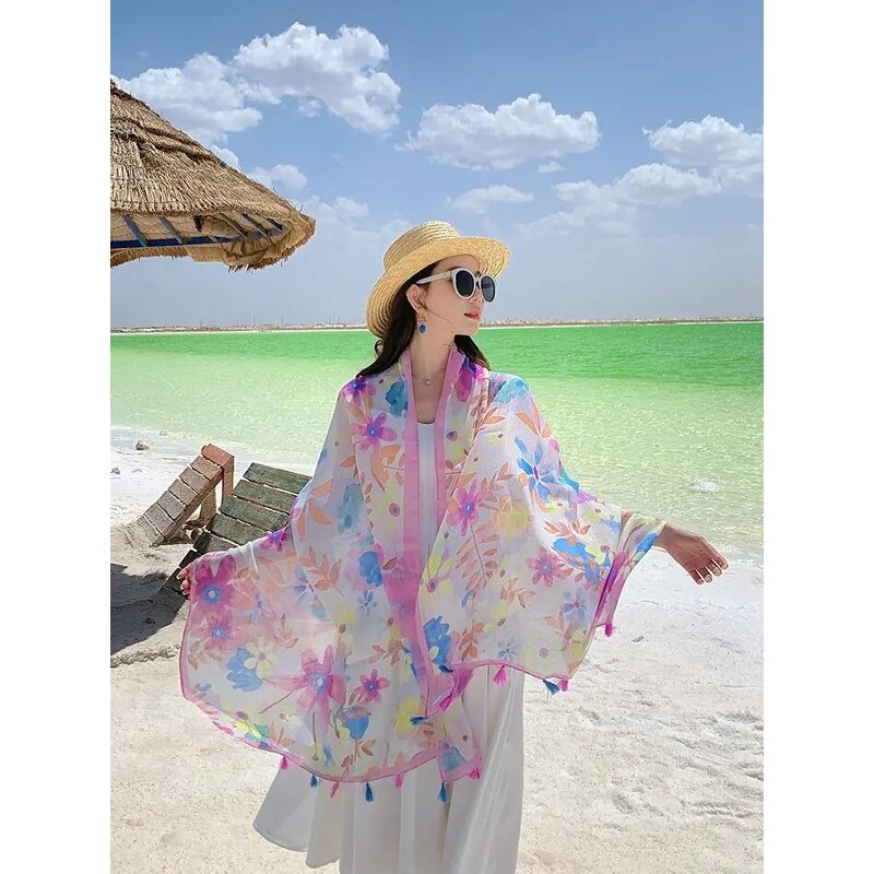 Silver Shimmer Scarf - Manufacturer - Fashion Colorful Flower Print Cotton Voile Tassel Hijab
