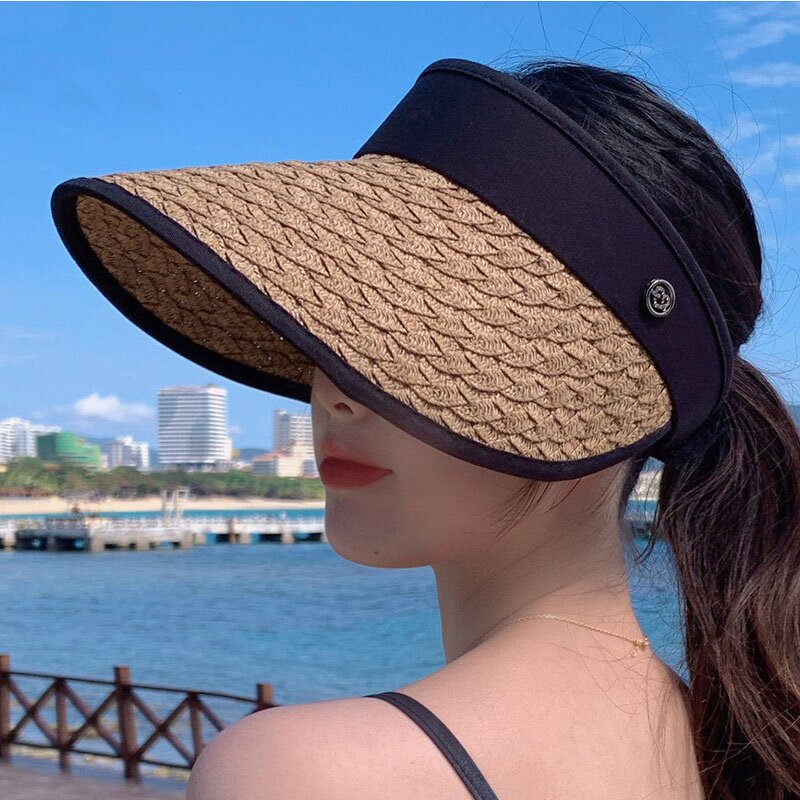 Straw Sun Visor Hat - Manufacturer - Women's Large Brim UPF50+ Ponytail Packable Beach