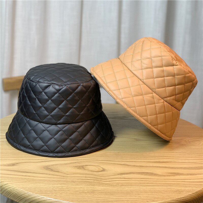PU Leather Bucket Hat - Manufacturer - Custom Metal Logo Quilted Down Warm Winter Designer