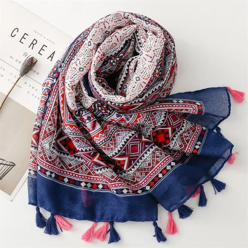 Bohemian Scarf - Manufacturer - 2023 New Flower Pattern Cotton Voile Tassels Muslim Hijabs