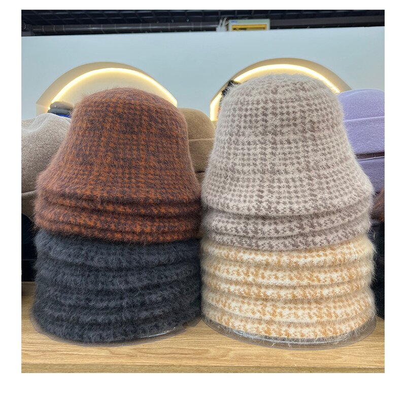 Angora Bucket Hat - Manufacturer - Wholesale 100% Rabbit Hair Houndstooth Winter Cloche Fedora