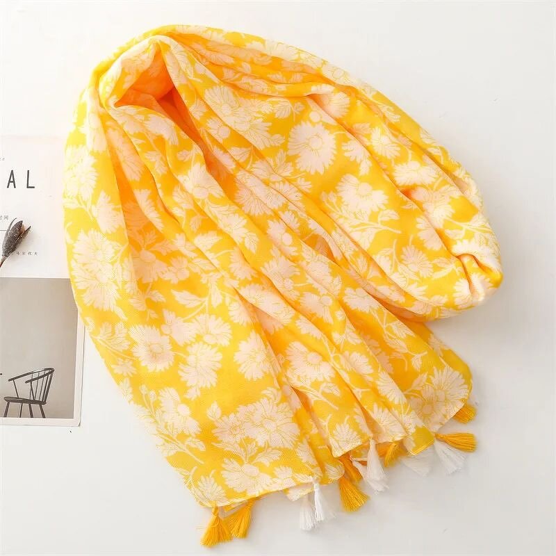 Cotton Scarf Shawl - Manufacturer - 2023 New Yellow Flower Printed Fringe Muslim Hijabs