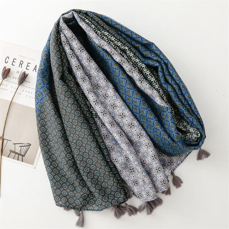 Stitching Geometry Scarf - Manufacturer - 2023 New Fashion Cotton Flower Printed Tassel Hijab