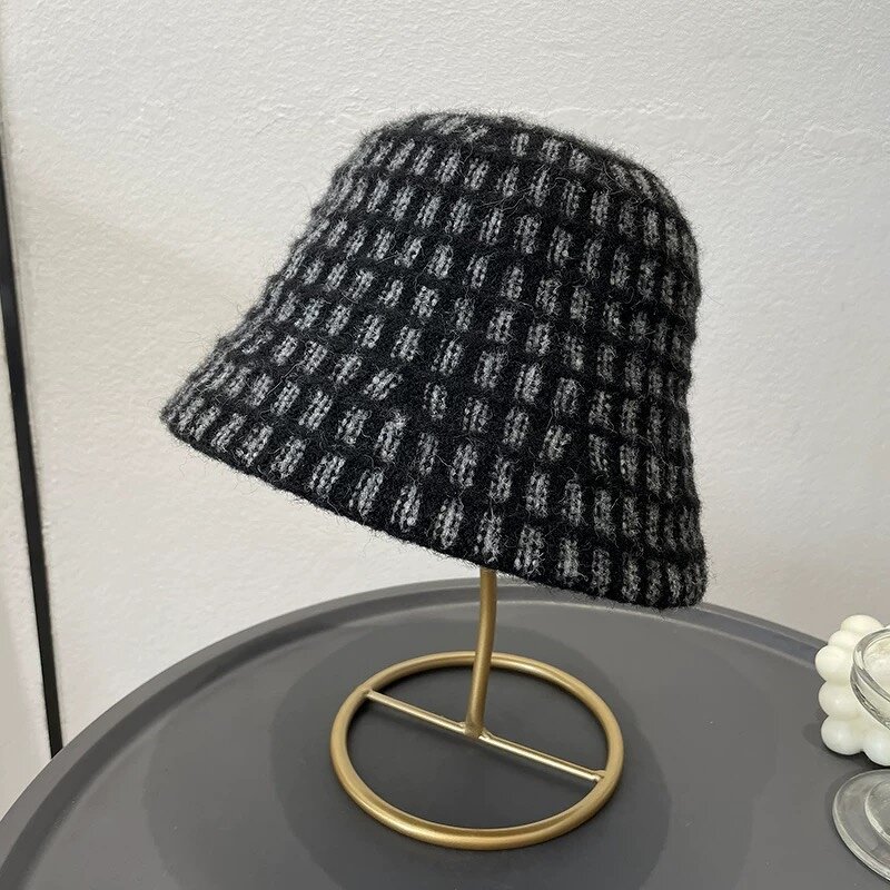 Plaid Bucket Hat - Manufacturer - Winter Cashmere Warm Women Luxury Knitted Dome Fisherman