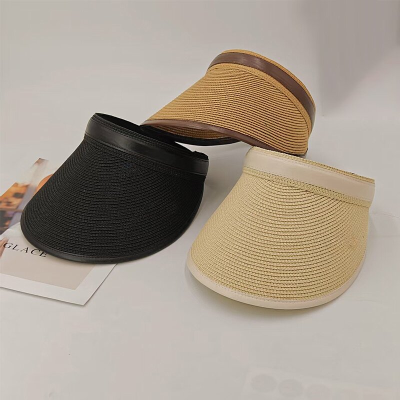 Leather Straw Visor - Manufacturer - New Korea Fashion Wide Brim Fine Braid UV Protection