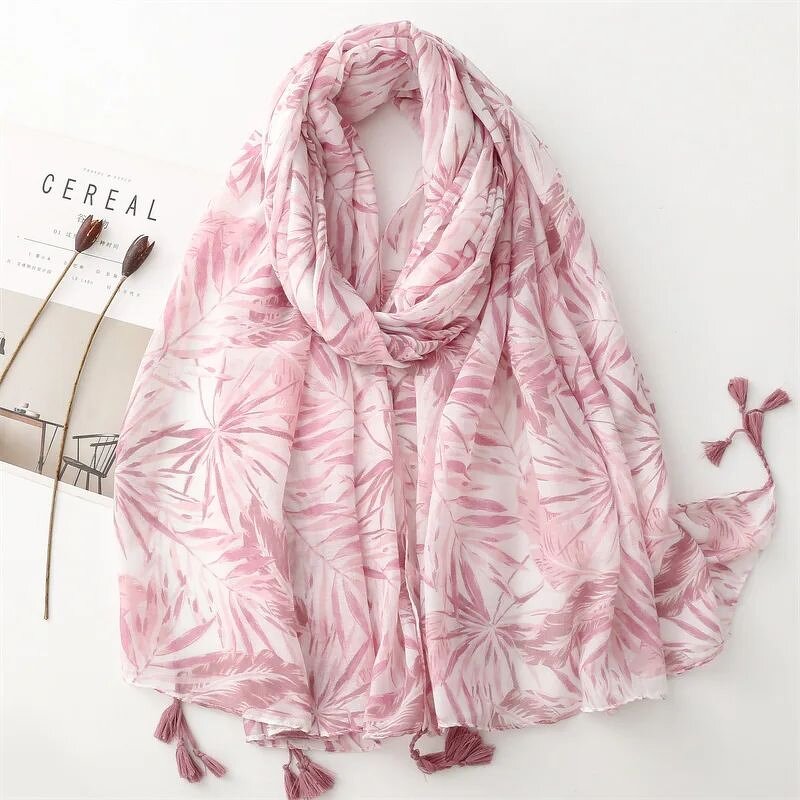 Leaf Pattern Scarf - Manufacturer - High Quality Cotton Tassels Floral Printed Muslim Hijabs