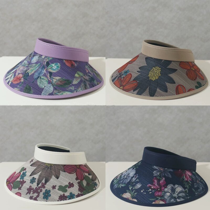 Print Sun Visor Hat - Manufacturer - Flowers Large Brim UPF50+ Foldable Ponytail Beach Travel