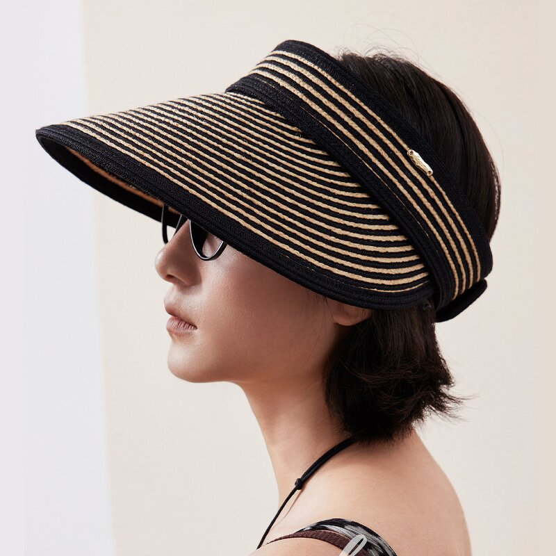 Straw Sun Visor Cap - Manufacturer - Women's Two Tone Stripe Fine Braid Anti-UV Ponytail