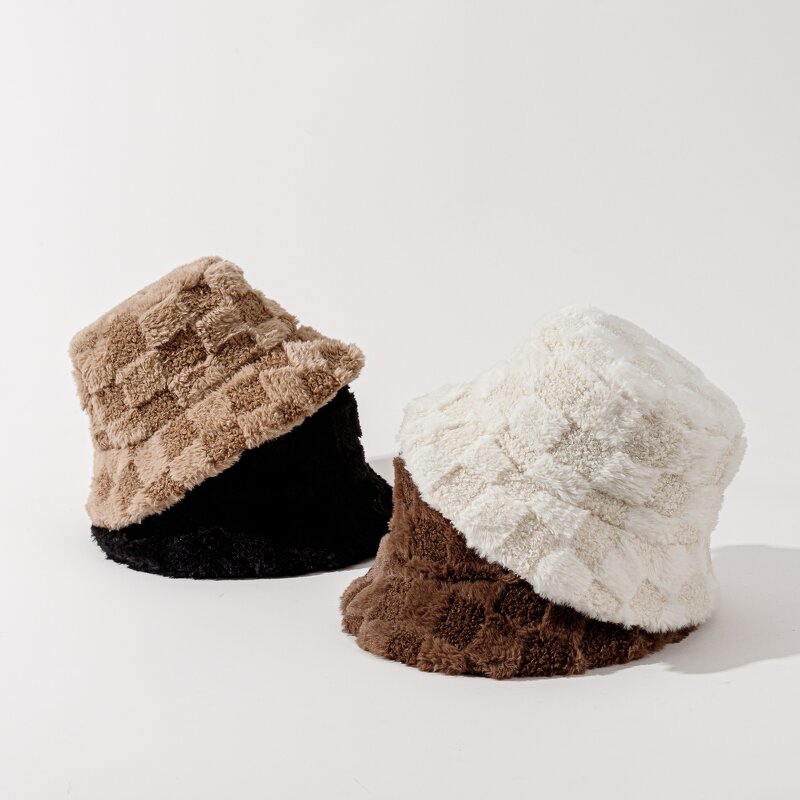 Plush Fisherman Hat - Manufacturer - Custom Two Tone Plaid Fuzzy Faux Fur Winter Warm Packable
