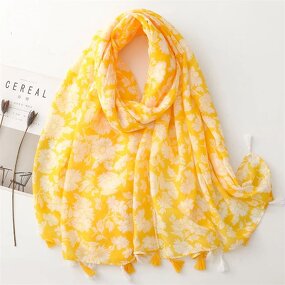Cotton Scarf Shawl - Manufacturer - 2023 New Yellow Flower Printed Fringe Muslim Hijabs
