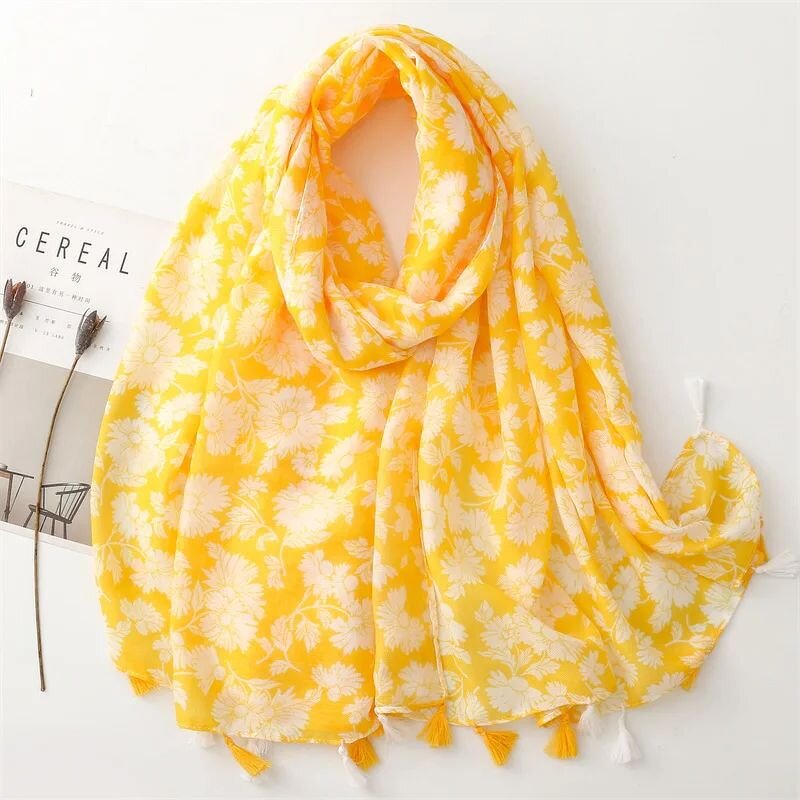 Cotton Scarf Shawl - Manufacturer - 2023 New Yellow Flower Printed Fringe Muslim Hijabs