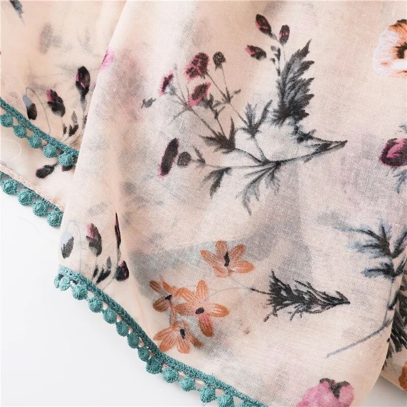 Lace Pompom Scarf - Manufacturer - Hot Sell Flower Printed Cotton Beach Shawl Muslim Hijabs