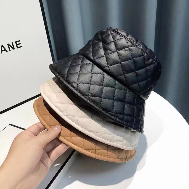 PU Leather Bucket Hat - Manufacturer - Custom Metal Logo Quilted Down Warm Winter Designer