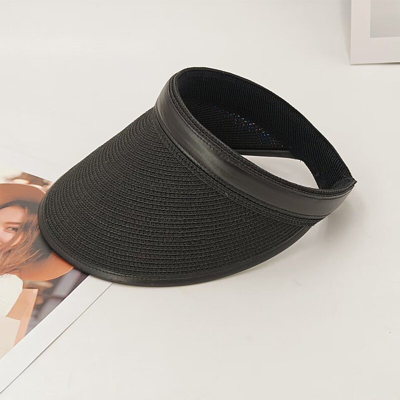 Leather Straw Visor - Manufacturer - New Korea Fashion Wide Brim Fine Braid UV Protection