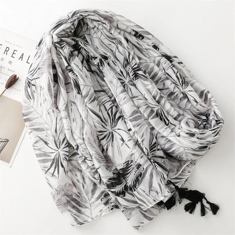 Leaf Pattern Scarf - Manufacturer - High Quality Cotton Tassels Floral Printed Muslim Hijabs