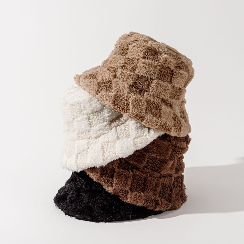 Plush Fisherman Hat - Manufacturer - Custom Two Tone Plaid Fuzzy Faux Fur Winter Warm Packable