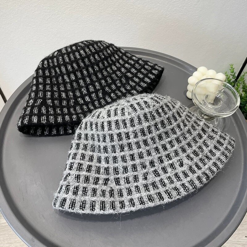 Plaid Bucket Hat - Manufacturer - Winter Cashmere Warm Women Luxury Knitted Dome Fisherman