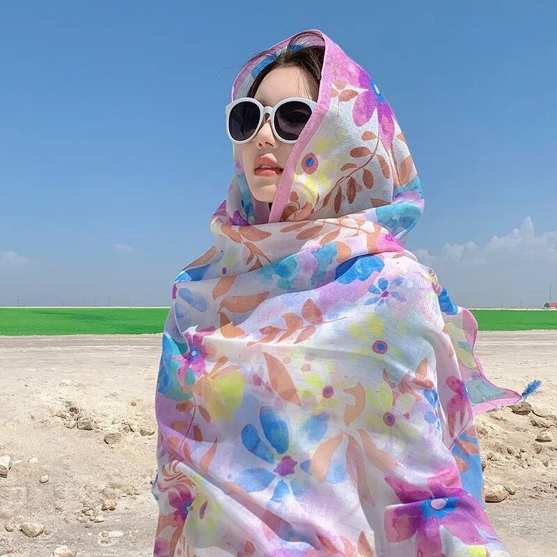 Silver Shimmer Scarf - Manufacturer - Fashion Colorful Flower Print Cotton Voile Tassel Hijab