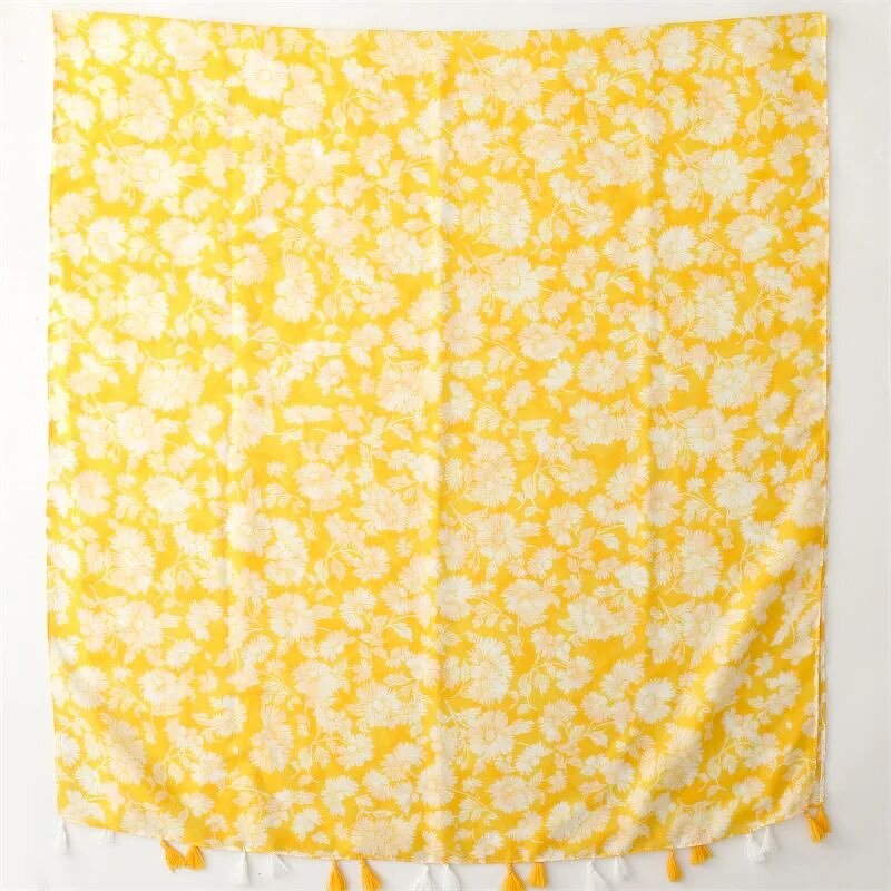 Cotton Scarf Shawl - Manufacturer - 2023 New Yellow Flower Printed Fringe Muslim Hijabs