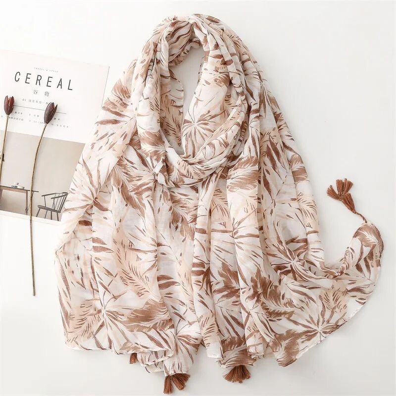 Leaf Pattern Scarf - Manufacturer - High Quality Cotton Tassels Floral Printed Muslim Hijabs