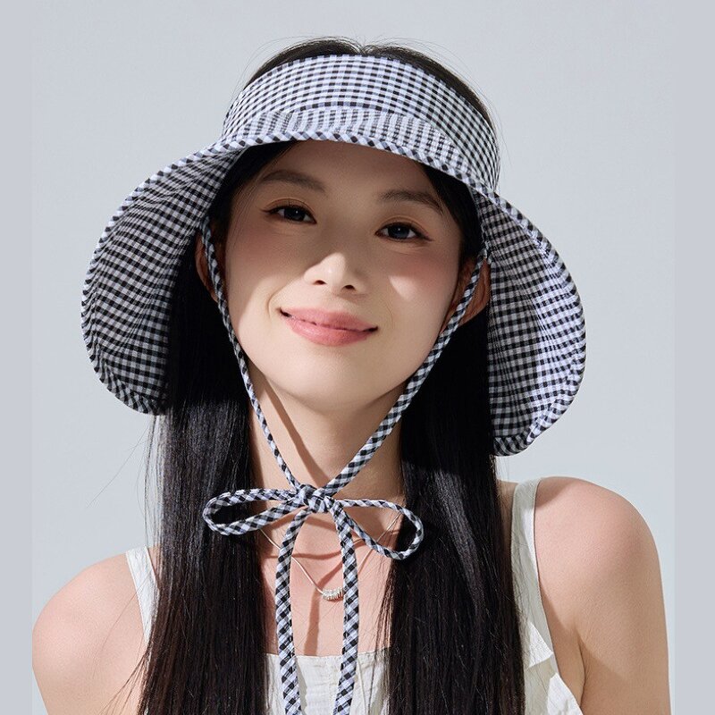 Cotton Plaid Visor - Manufacturer - Wholesale Summer UV Protection Large Brim Foldable Ponytail