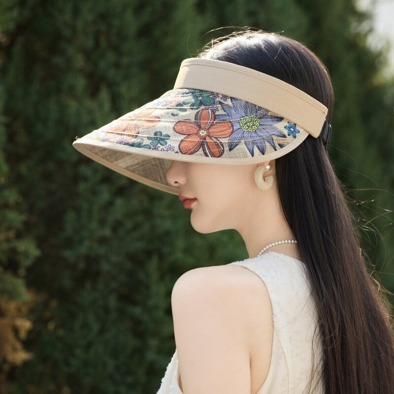 Print Sun Visor Hat - Manufacturer - Flowers Large Brim UPF50+ Foldable Ponytail Beach Travel