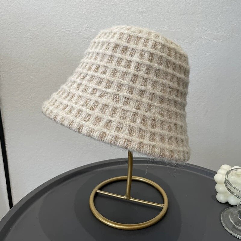 Plaid Bucket Hat - Manufacturer - Winter Cashmere Warm Women Luxury Knitted Dome Fisherman