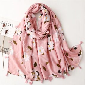 Pink Flower Scarf - Manufacturer - Women's Elegant Spring Summer Floral Hijab Fringe Shawls