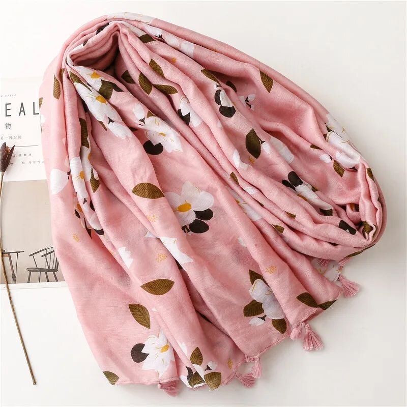 Pink Flower Scarf - Manufacturer - Women's Elegant Spring Summer Floral Hijab Fringe Shawls