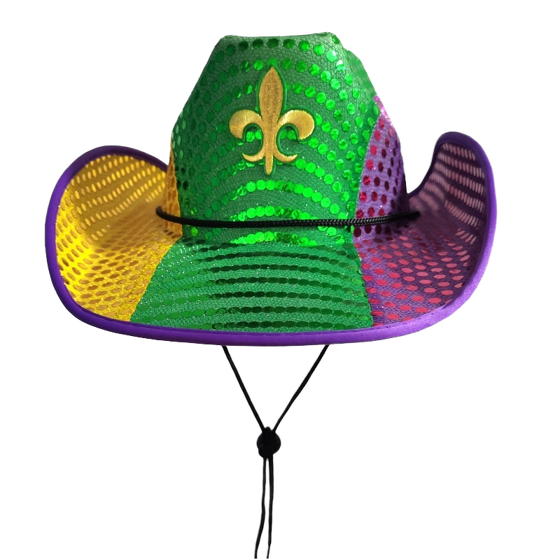 LED Neon Cowgirl Hat - Manufacturer - Outdoor Beach Halloween Mardi Gras Sequin Light-Up