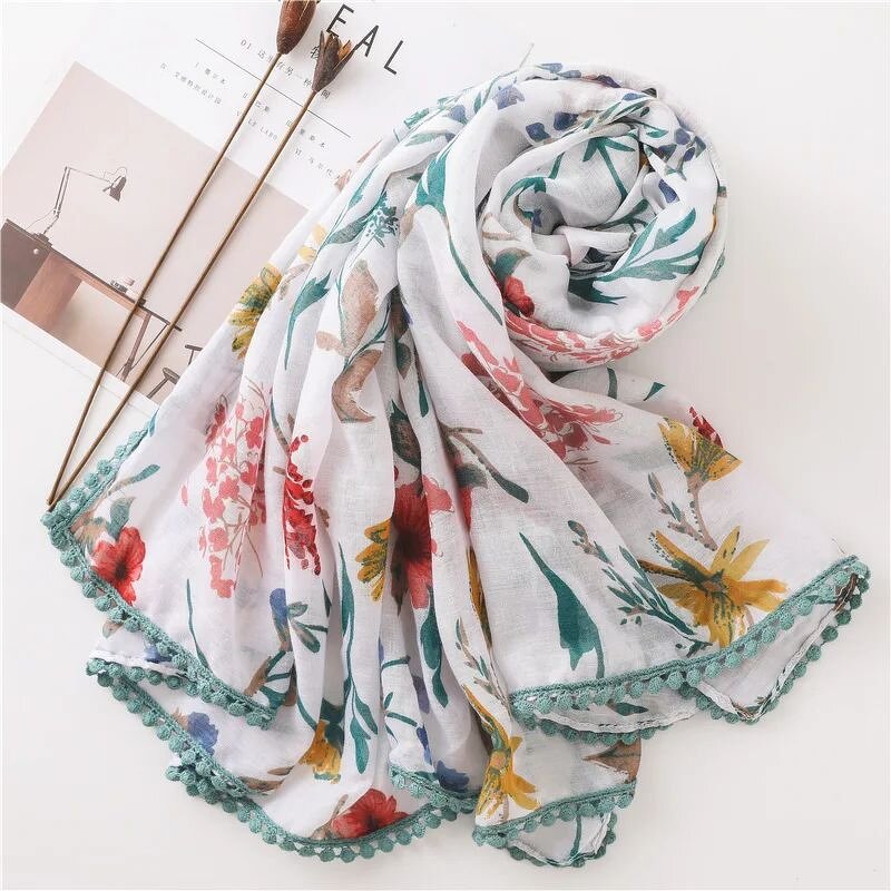 Lace Pompom Scarf - Manufacturer - Hot Sell Flower Printed Cotton Beach Shawl Muslim Hijabs