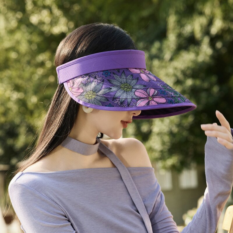 Print Sun Visor Hat - Manufacturer - Flowers Large Brim UPF50+ Foldable Ponytail Beach Travel
